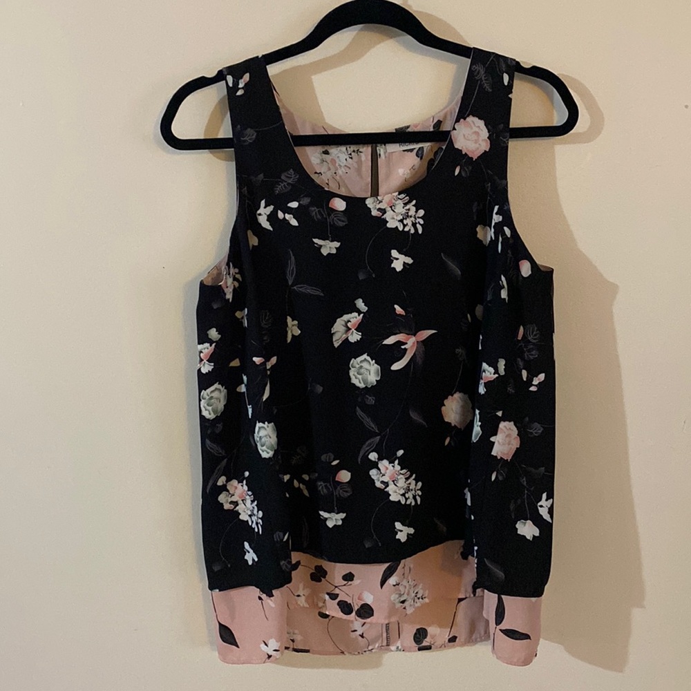 Ricki's Black Floral Layered Tank with Blush Hem